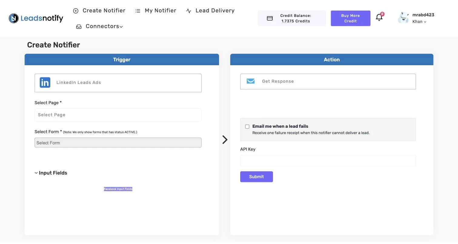 GetResponse notifier in LeadsNotify with the API Key field in the Action panel