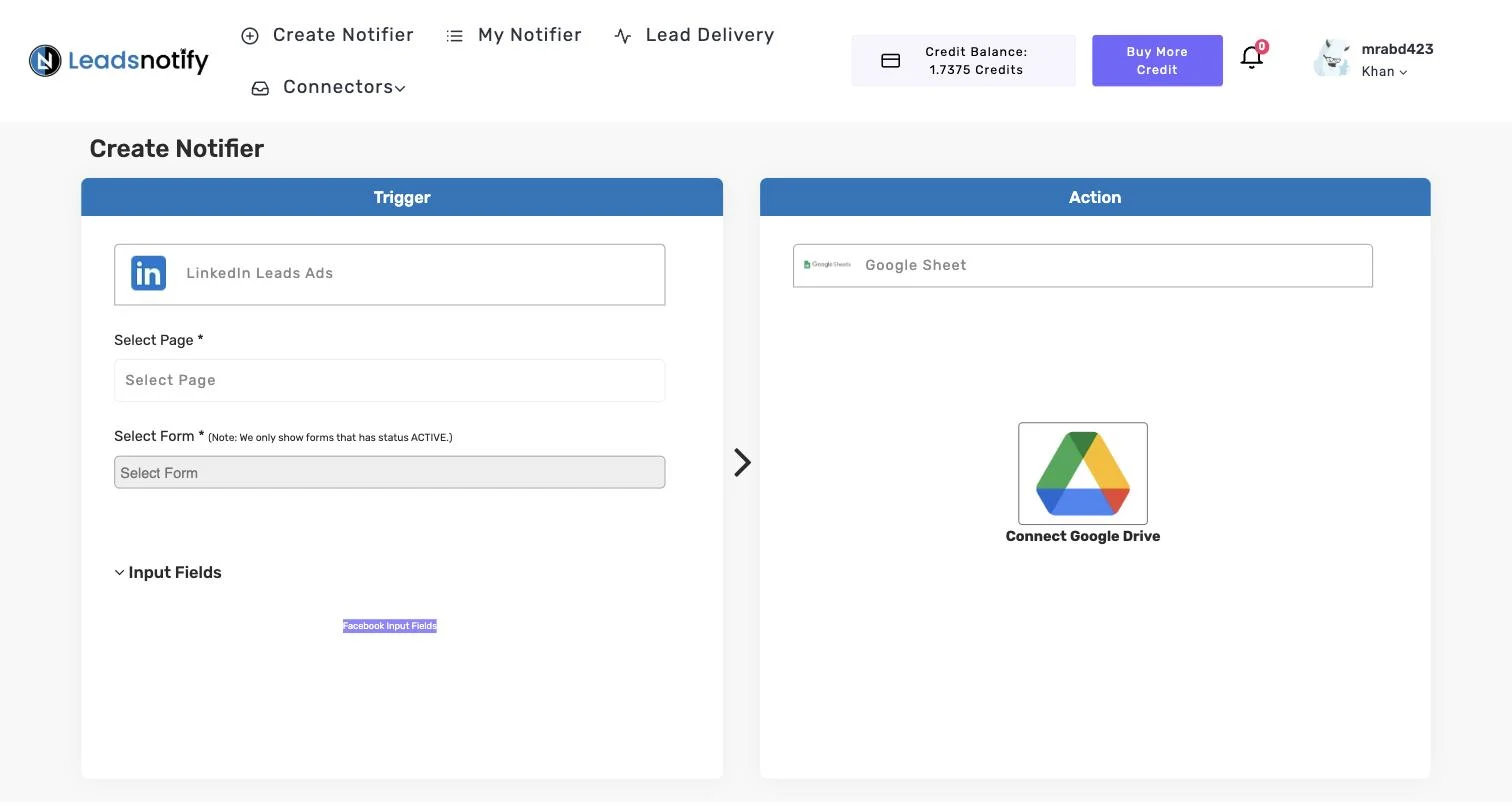 Google Sheets notifier in LeadsNotify with the connect button in the Action panel