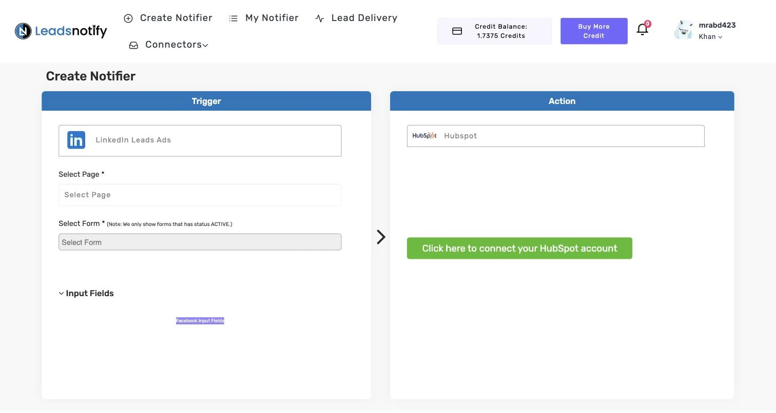 HubSpot notifier in LeadsNotify with the connect button in the Action panel