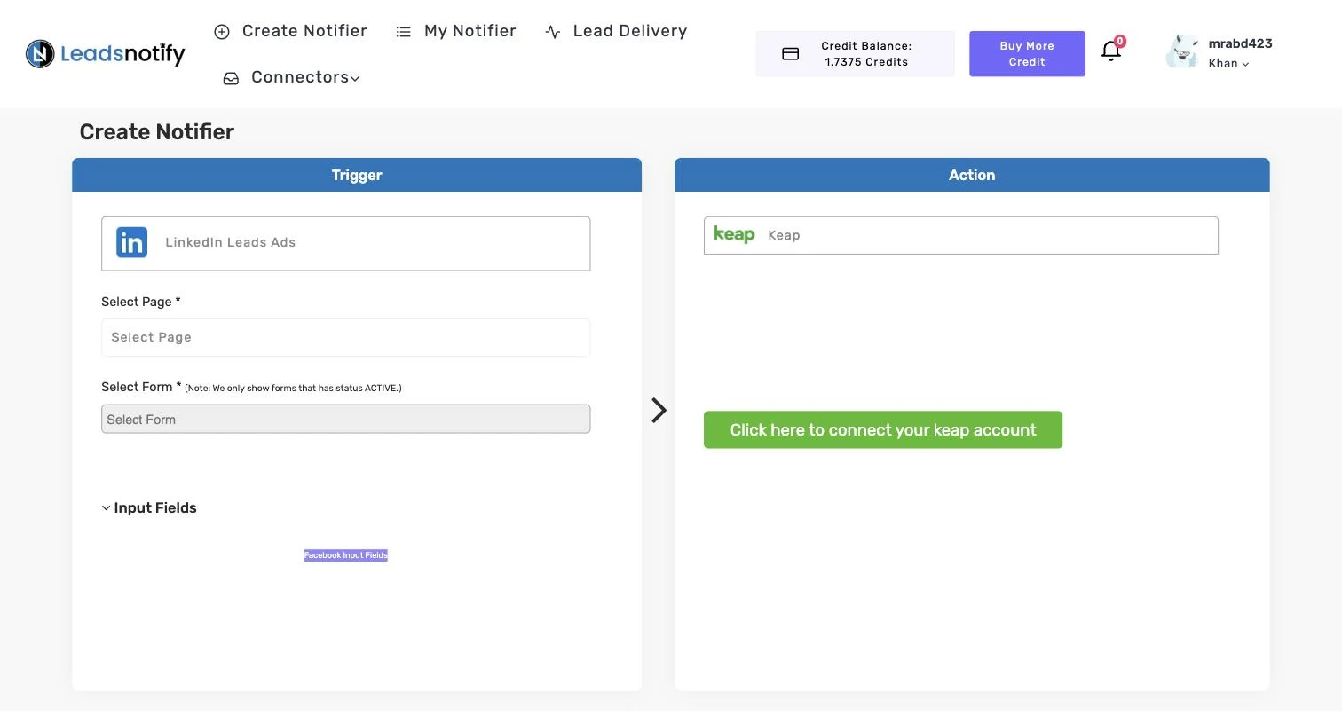 Keap notifier in LeadsNotify with the connect button in the Action panel