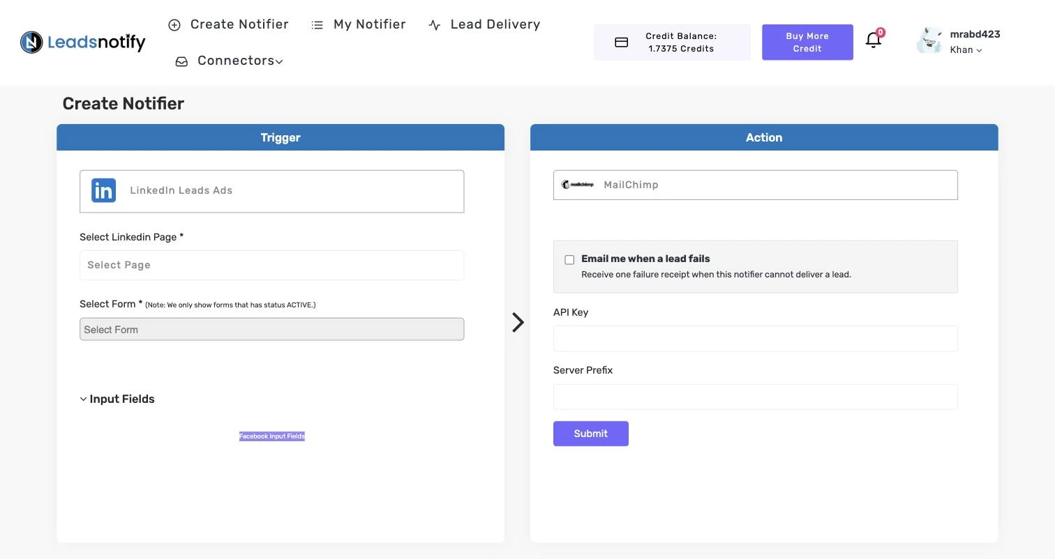 Mailchimp notifier in LeadsNotify with the API Key and Server Prefix fields in the Action panel