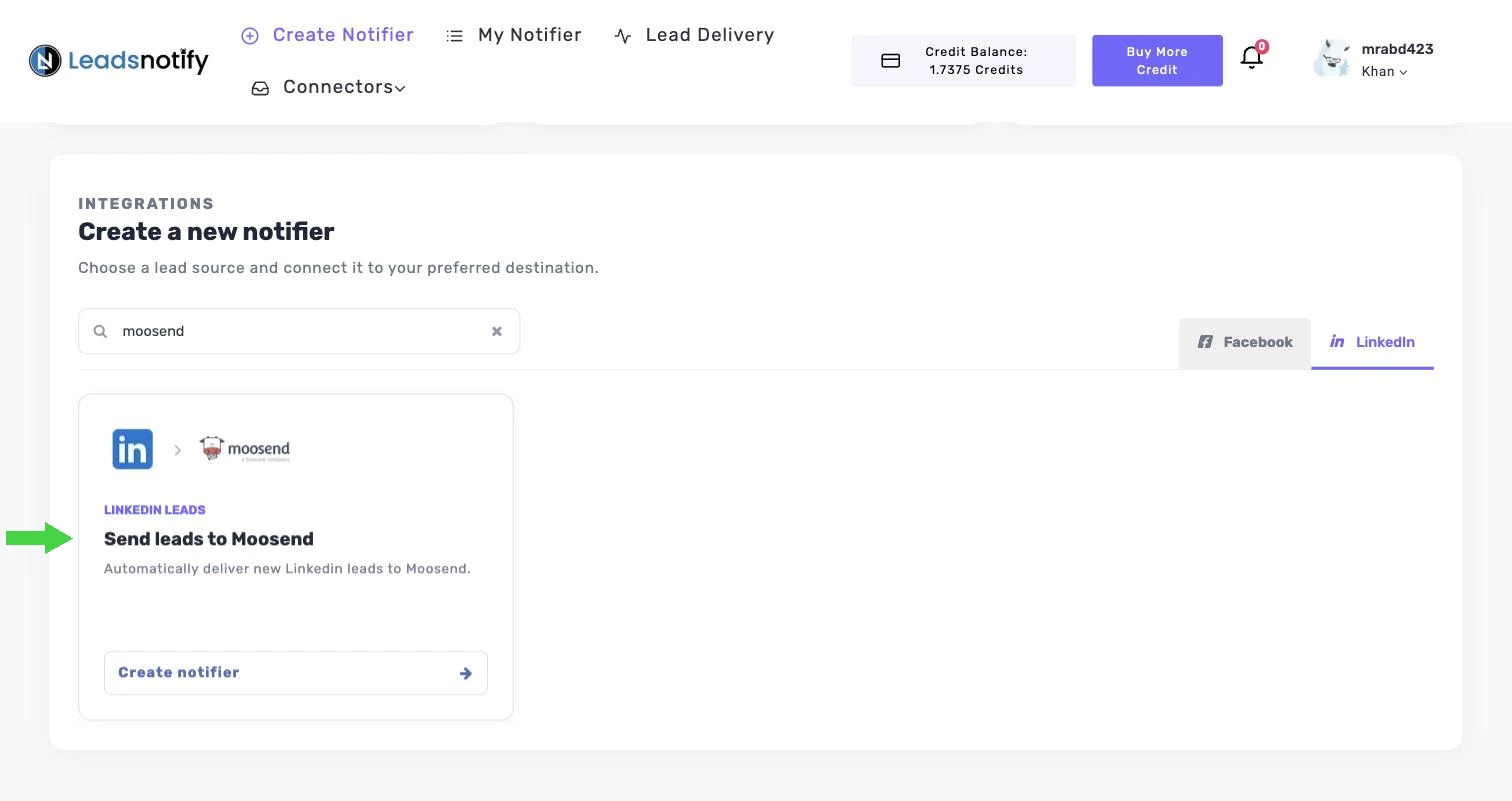 Searching for the Moosend integration on the LinkedIn tab in LeadsNotify