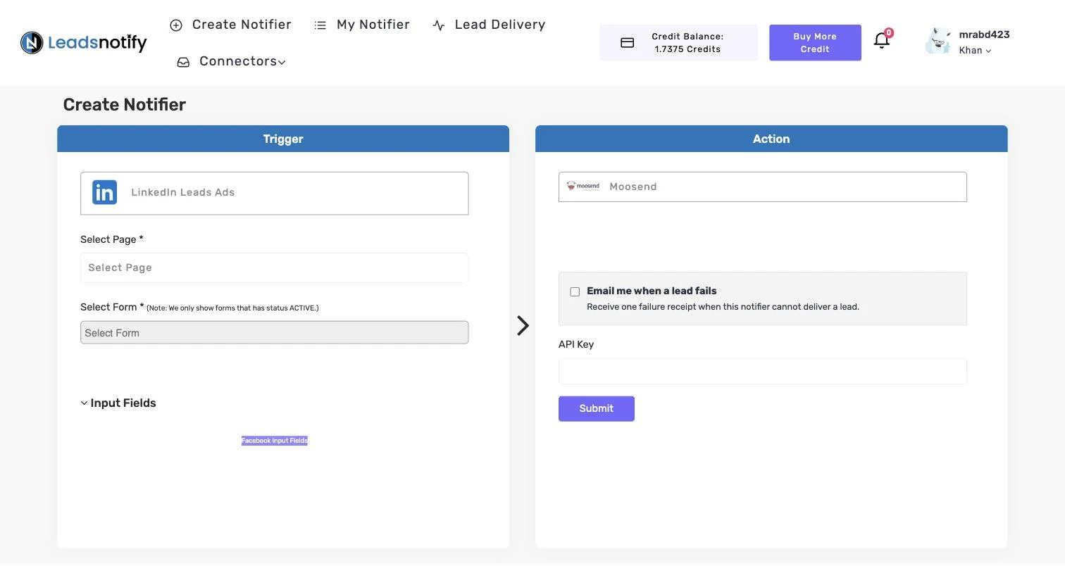 Moosend notifier in LeadsNotify with the API Key field in the Action panel