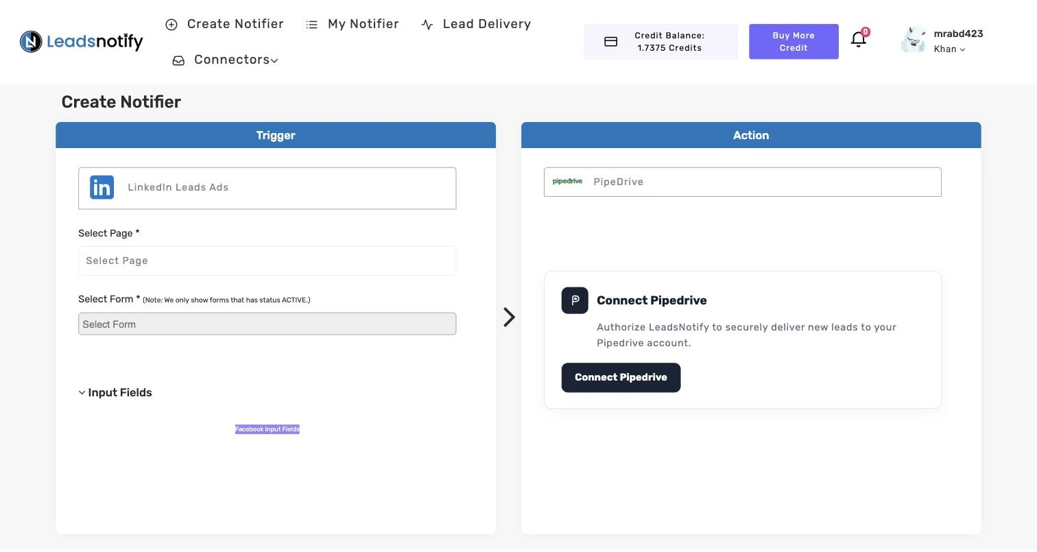 Pipedrive notifier in LeadsNotify with the connect button in the Action panel