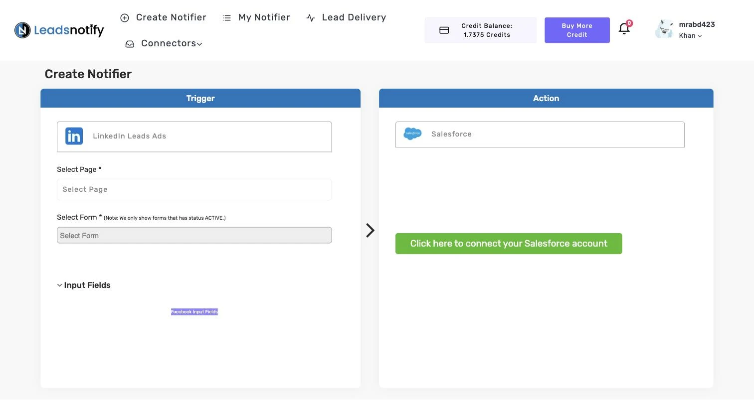 Salesforce notifier in LeadsNotify with the connect button in the Action panel
