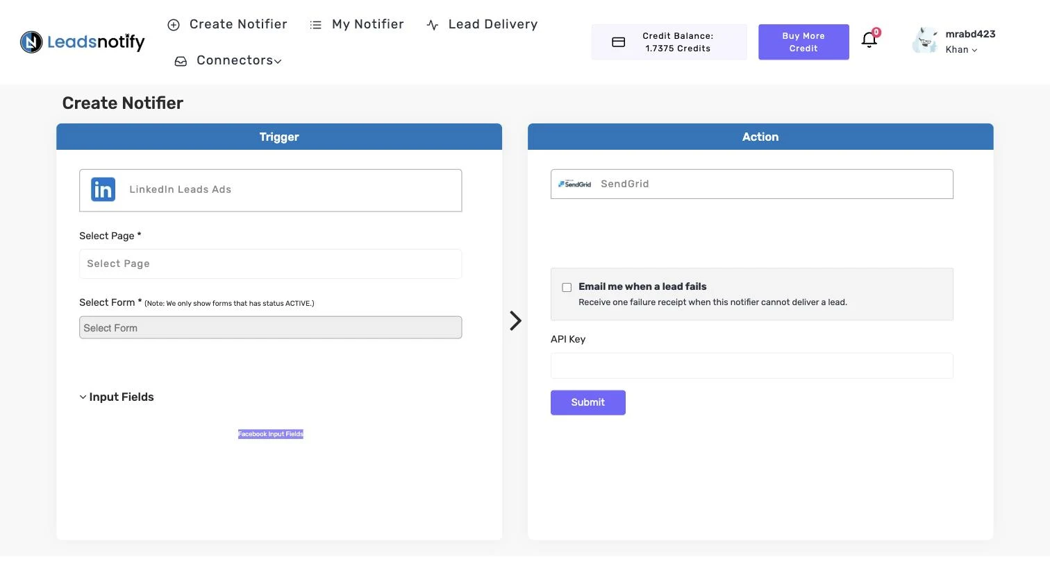 SendGrid notifier in LeadsNotify with the API Key field in the Action panel