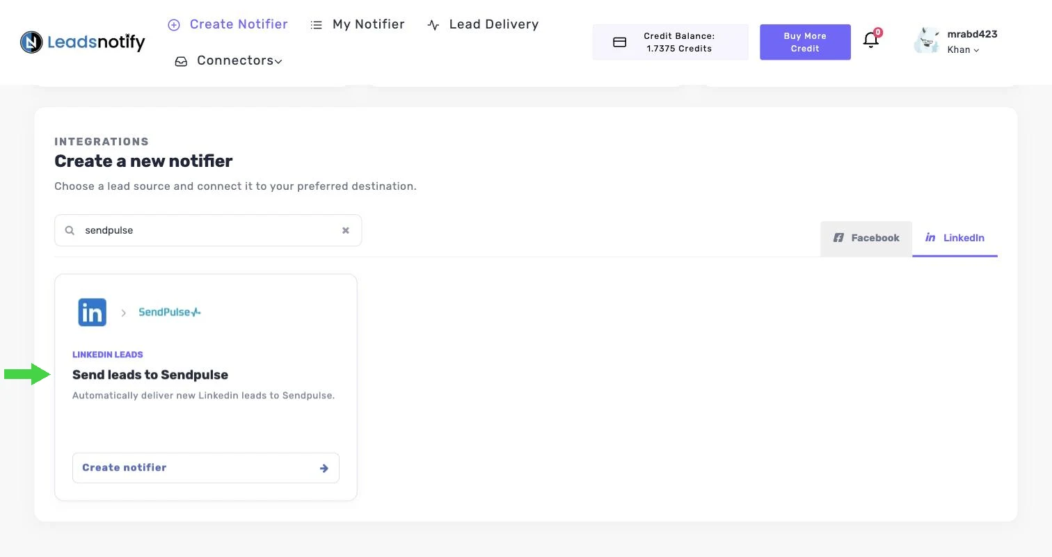 Searching for the SendPulse integration on the LinkedIn tab in LeadsNotify