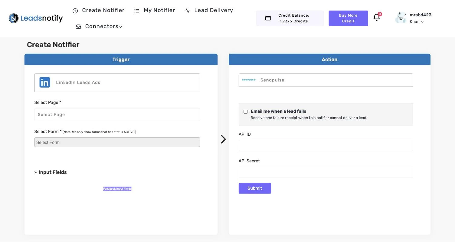 SendPulse notifier in LeadsNotify with the API ID and API Secret fields in the Action panel