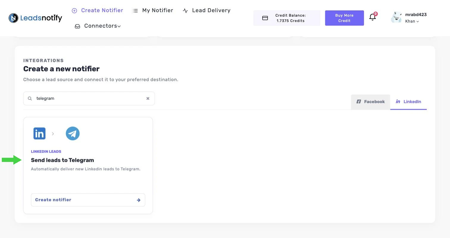 Searching for the Telegram integration on the LinkedIn tab in LeadsNotify