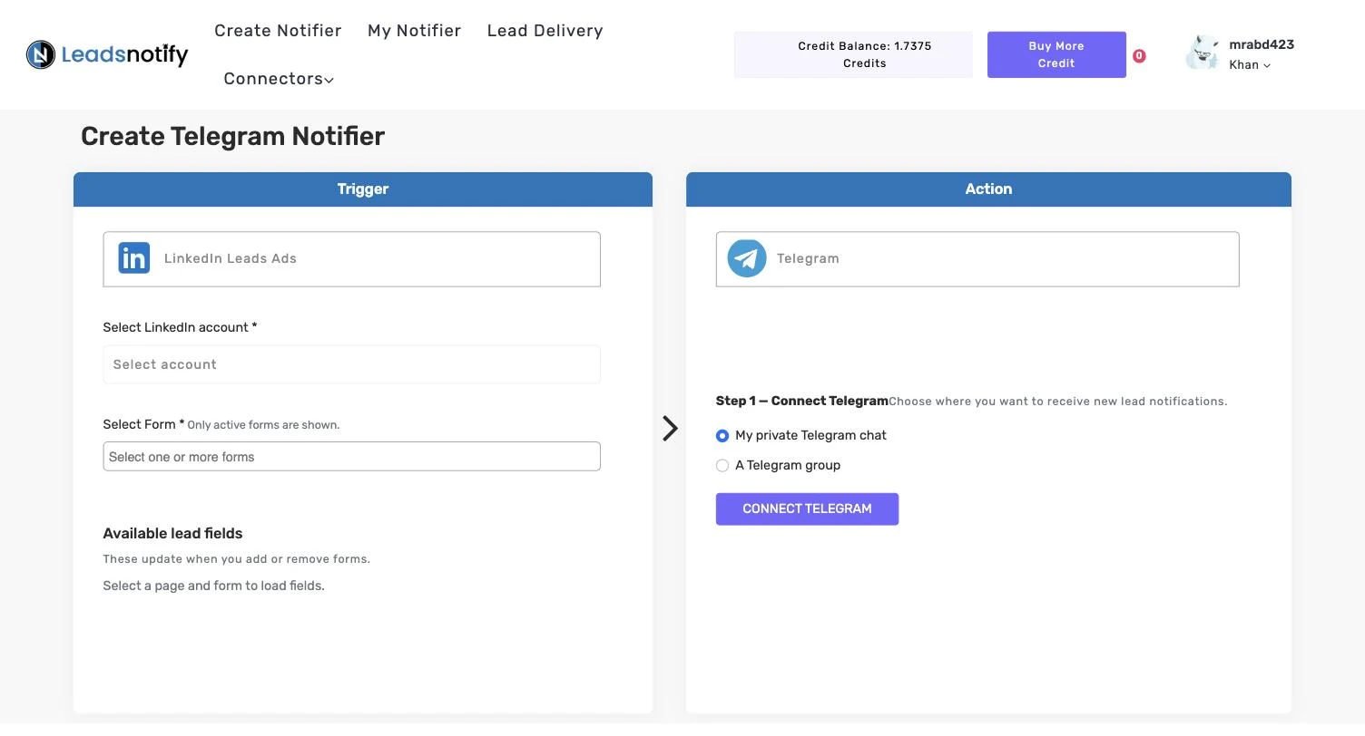 Create Telegram Notifier screen in LeadsNotify with private chat and group options