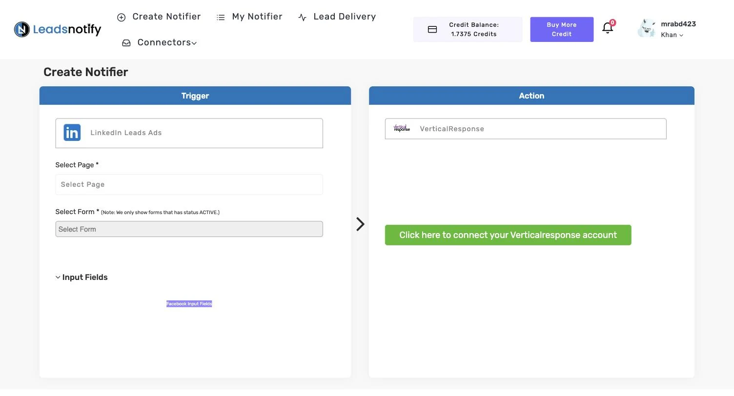 VerticalResponse notifier in LeadsNotify with the connect button in the Action panel