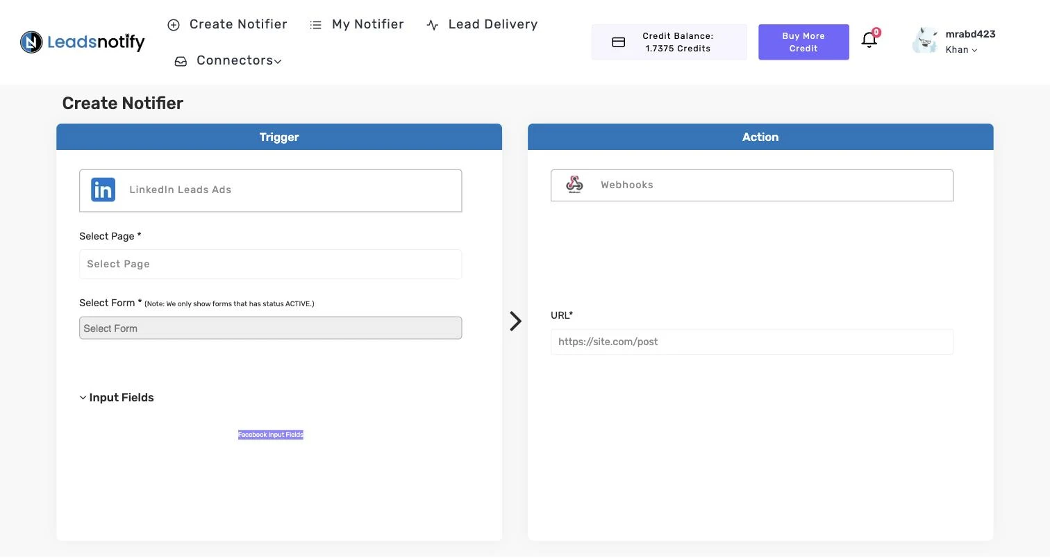 Webhooks notifier in LeadsNotify with the URL field in the Action panel