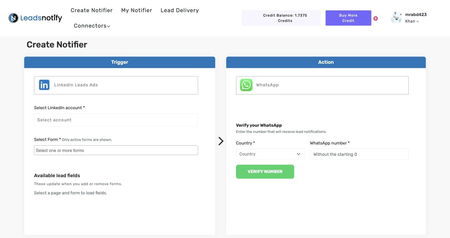 Verify your WhatsApp step in the LeadsNotify WhatsApp notifier with Country and WhatsApp number fields