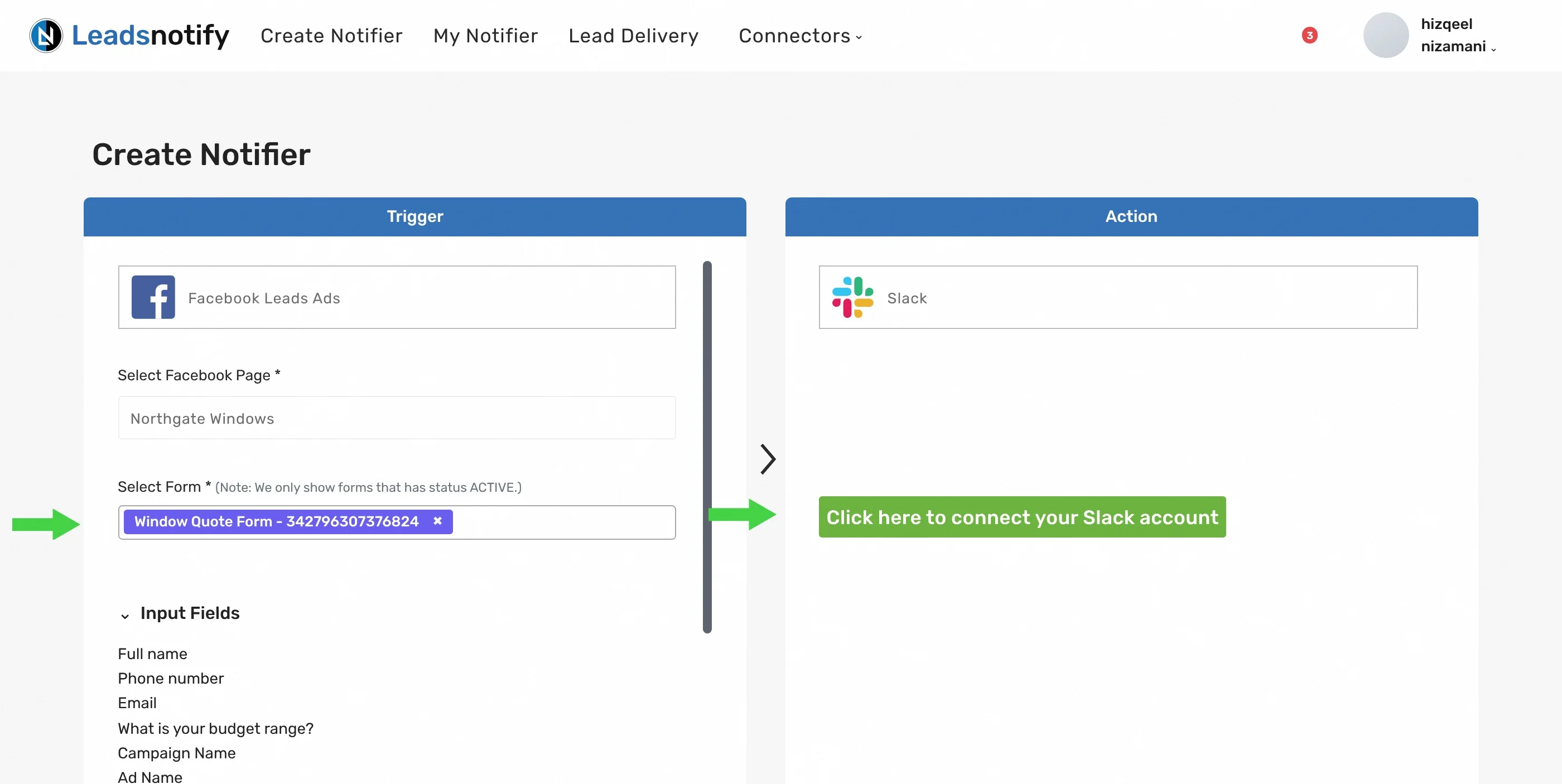 Selecting a Facebook lead form and clicking Click here to connect your Slack account in a LeadsNotify notifier