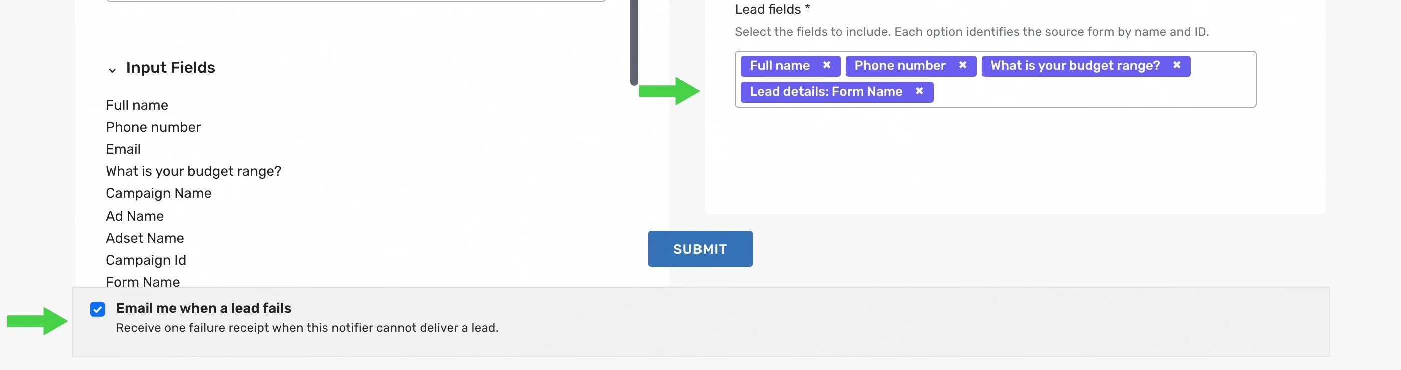 Choosing Slack lead fields, ticking Email me when a lead fails and clicking SUBMIT in LeadsNotify