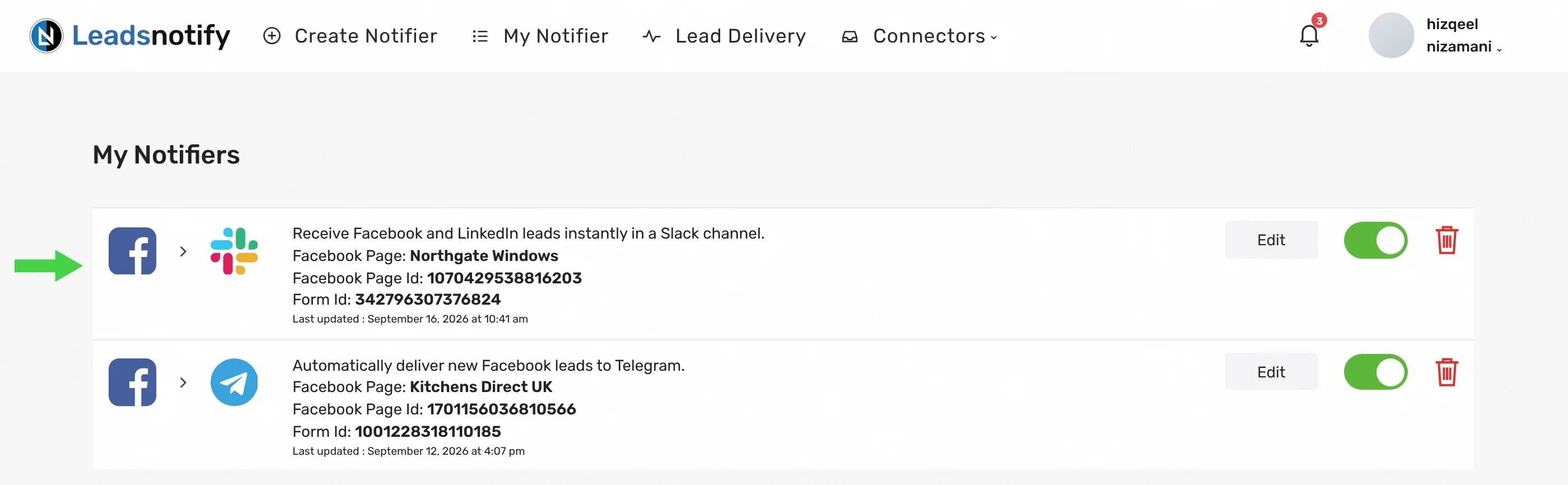 A live Facebook to Slack notifier switched on in LeadsNotify My Notifiers
