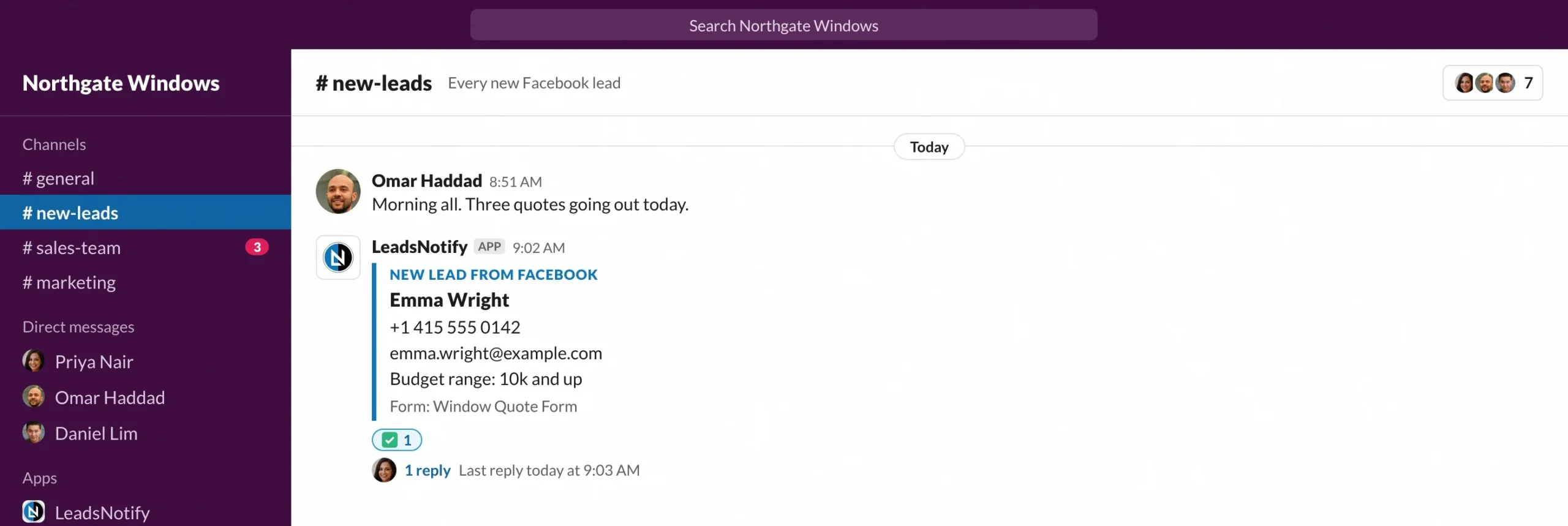 A new Facebook lead posted by LeadsNotify in a Slack channel, claimed by a teammate in the thread