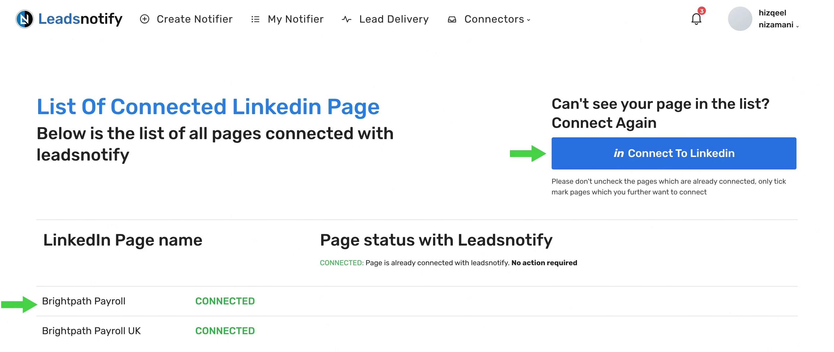 Connect To Linkedin button on the LeadsNotify LinkedIn Pages screen, with connected Pages listed below