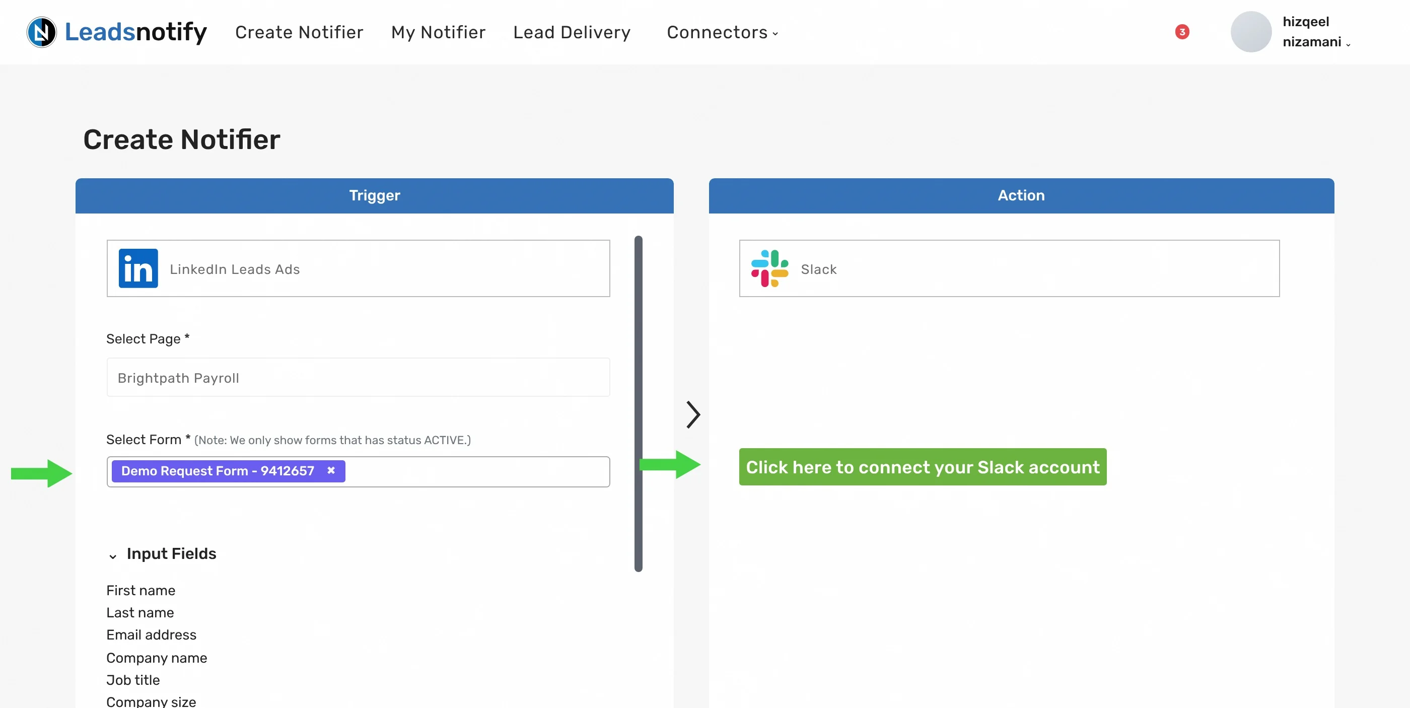 Selecting a LinkedIn lead gen form and clicking Click here to connect your Slack account in a LeadsNotify notifier