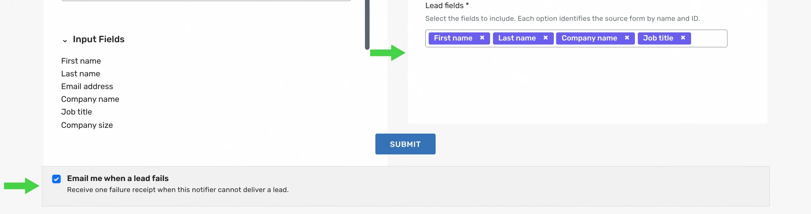 Choosing LinkedIn lead fields for Slack, ticking Email me when a lead fails and clicking SUBMIT in LeadsNotify