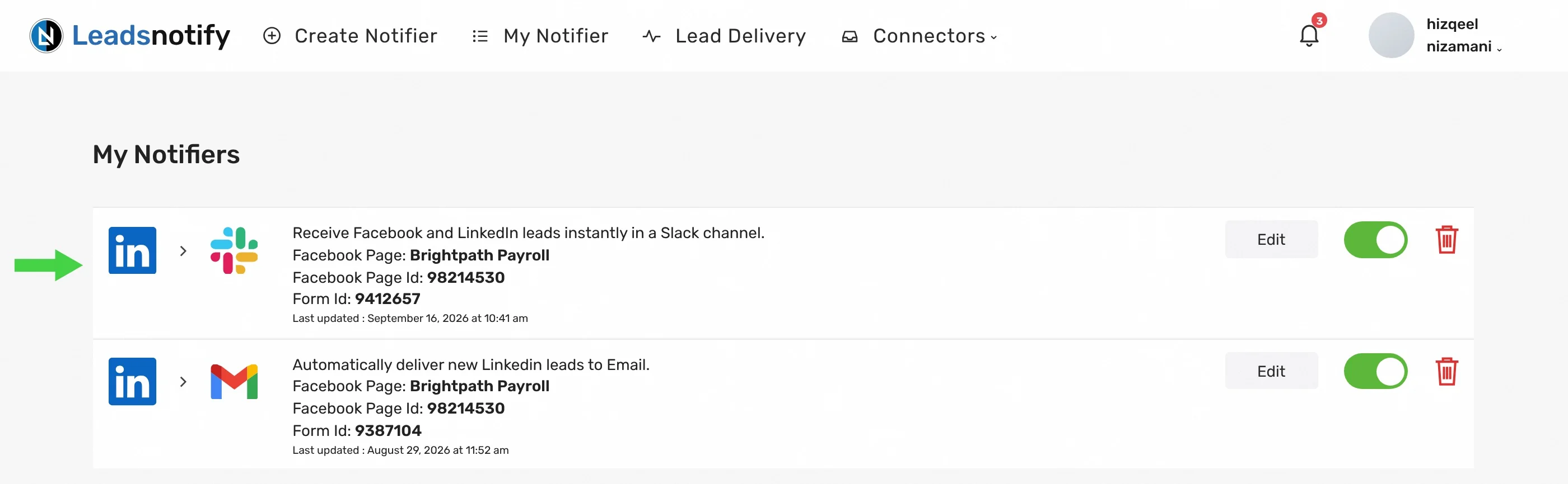 A live LinkedIn to Slack notifier switched on in LeadsNotify My Notifiers