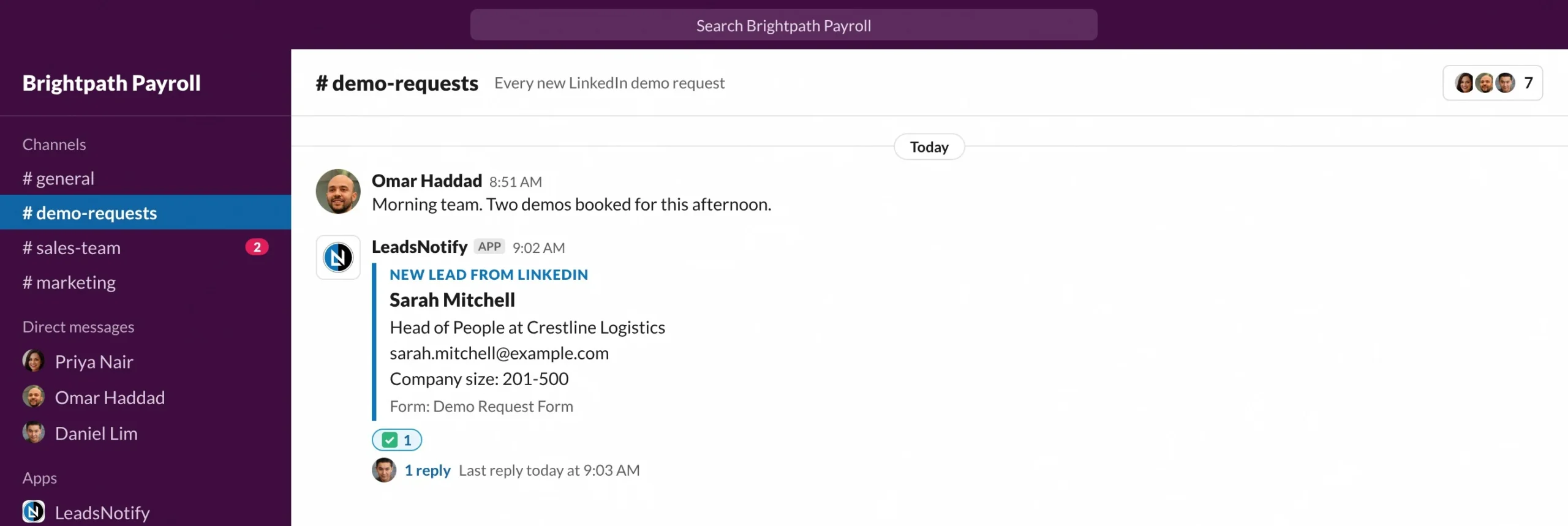 A new LinkedIn lead posted by LeadsNotify in a Slack channel, claimed by a teammate in the thread