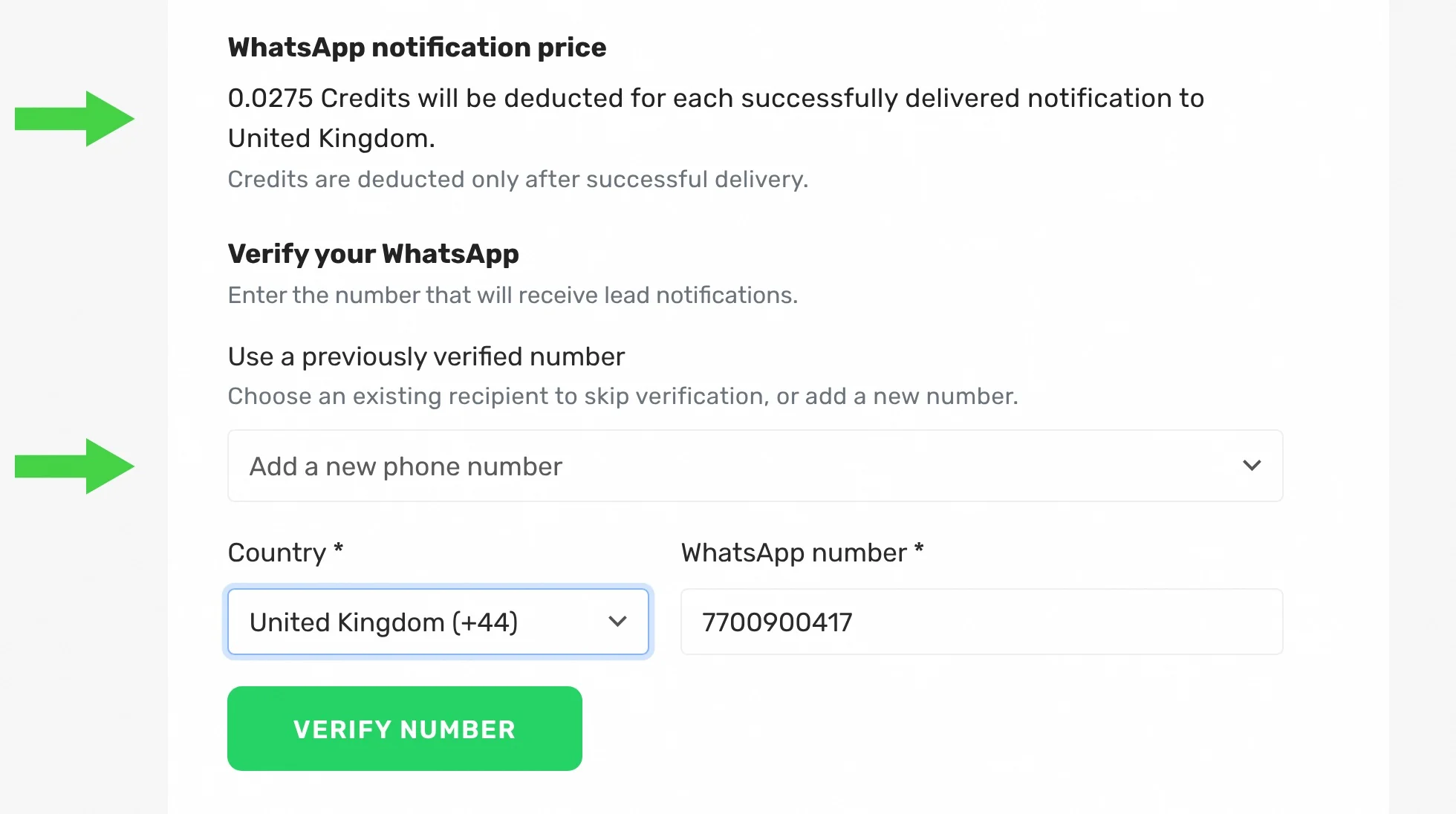 WhatsApp notification price and the verified number options in a LeadsNotify notifier