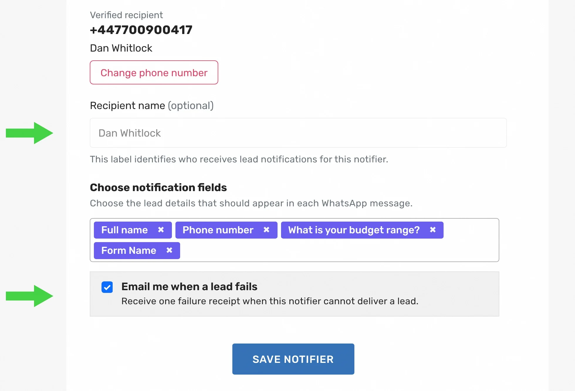 Choosing notification fields and turning on failure emails before saving a LeadsNotify WhatsApp notifier