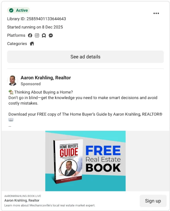 Facebook ad for realtors example: free home buyer's guide lead magnet with a Sign up button
