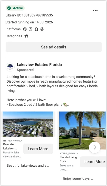 Real estate carousel ad example showing lake views and home exterior as separate swipeable cards