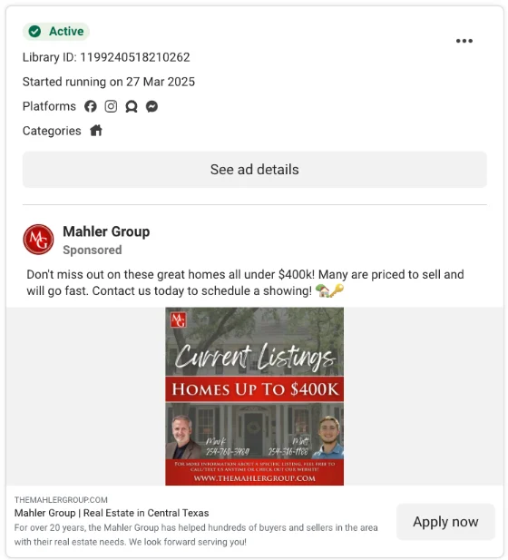 Real estate ad example: 'Current listings, homes up to $400K'