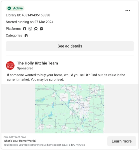 Real estate Facebook ad example: home valuation ad asking 'What's your home worth?'