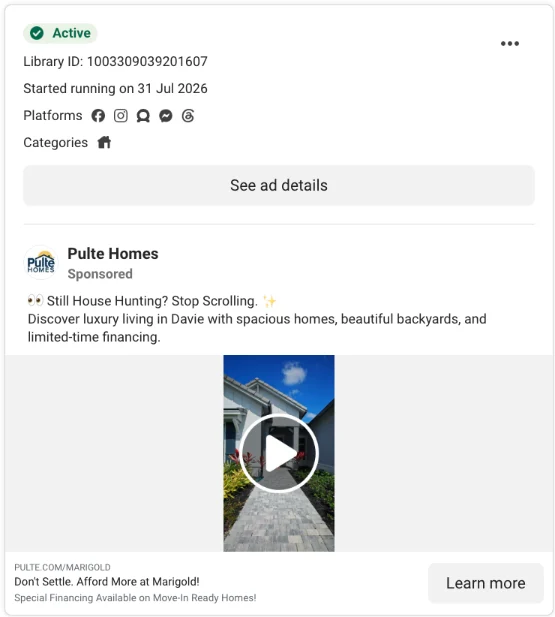 Real estate retargeting ad example with the copy 'Still house hunting? Stop scrolling' and a vertical video