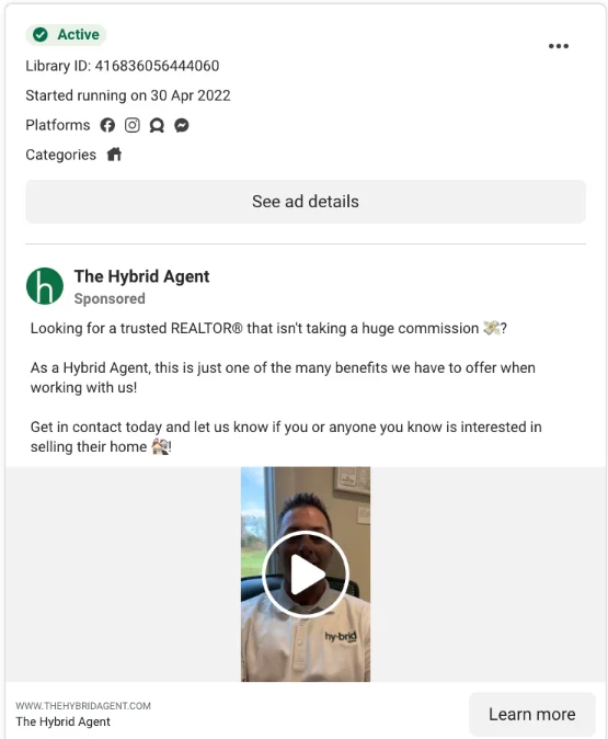 Facebook ads for real estate agents example: vertical selfie video of an agent