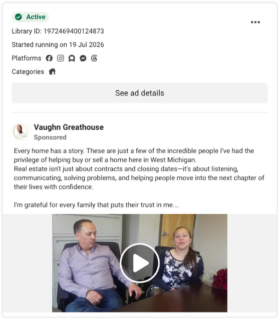 Real estate testimonial ad example: video of past clients talking about working with their agent