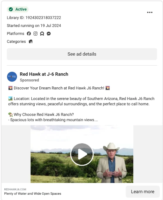 Real estate video ad example: presenter on location selling land and ranch lots