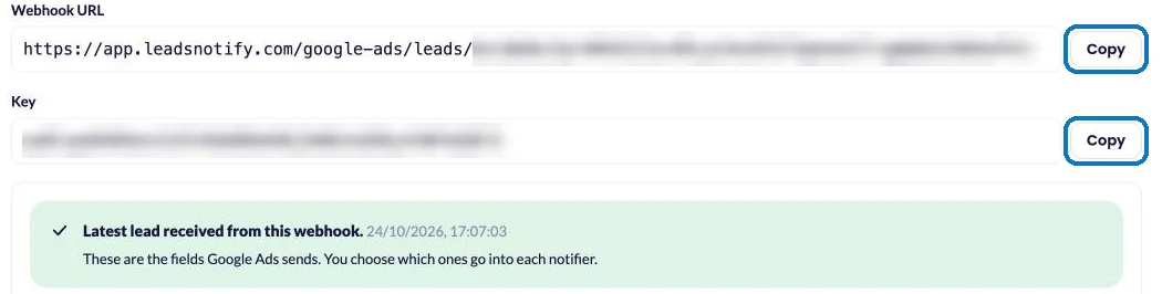 The webhook URL and key for a Google Ads lead form in LeadsNotify, each with a Copy button