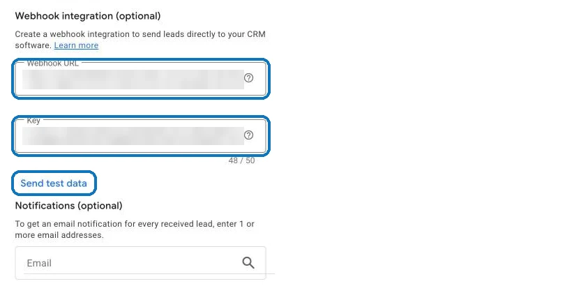 The Webhook integration section of a Google Ads lead form with the Webhook URL, Key and Send test data link