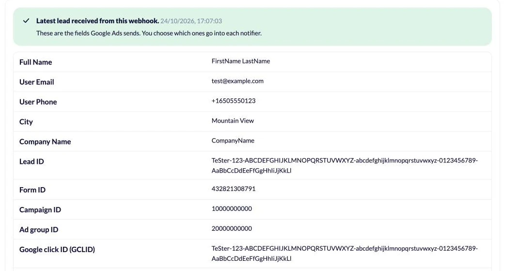 LeadsNotify confirming the latest test lead received from the Google Ads webhook, with each field Google Ads sends