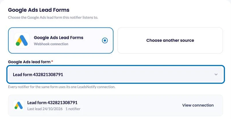 Google Ads Lead Forms chosen as the notifier source, with a connected lead form selected