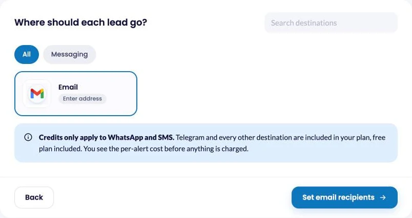 Email selected as the destination for Google Ads leads in LeadsNotify