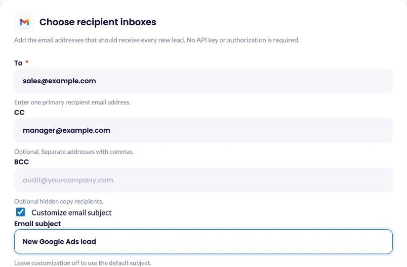 Entering the To and CC addresses and a custom subject for Google Ads lead emails in LeadsNotify