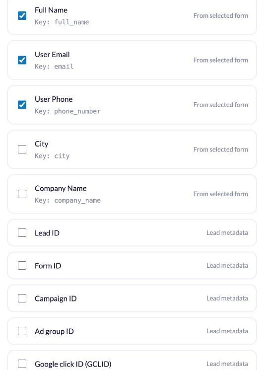 Choosing the Google Ads lead form questions and lead metadata to include in the email alert