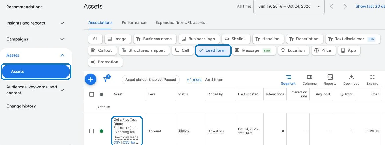 The Assets page in Google Ads filtered to Lead form, with a lead form listed by its headline