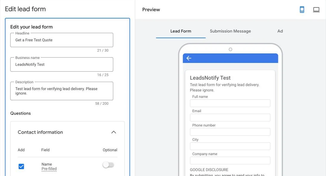 The Edit lead form screen in Google Ads with the headline, business name and description on the left and a phone preview on the right