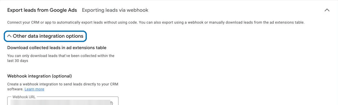 The Export leads from Google Ads section of a lead form, with Other data integration options opened to show Webhook integration