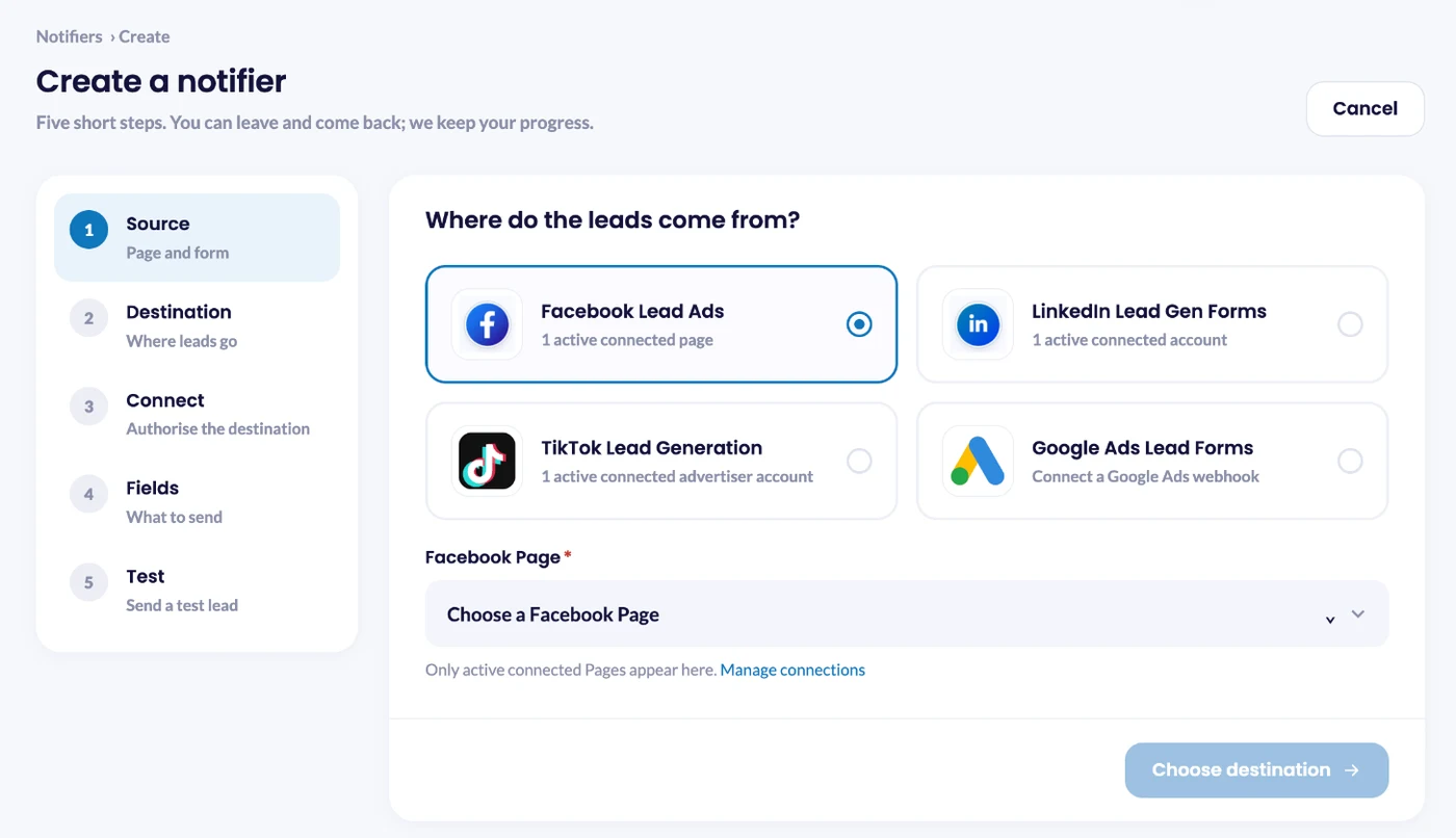 Create a notifier in LeadsNotify with Facebook Lead Ads selected as the lead source