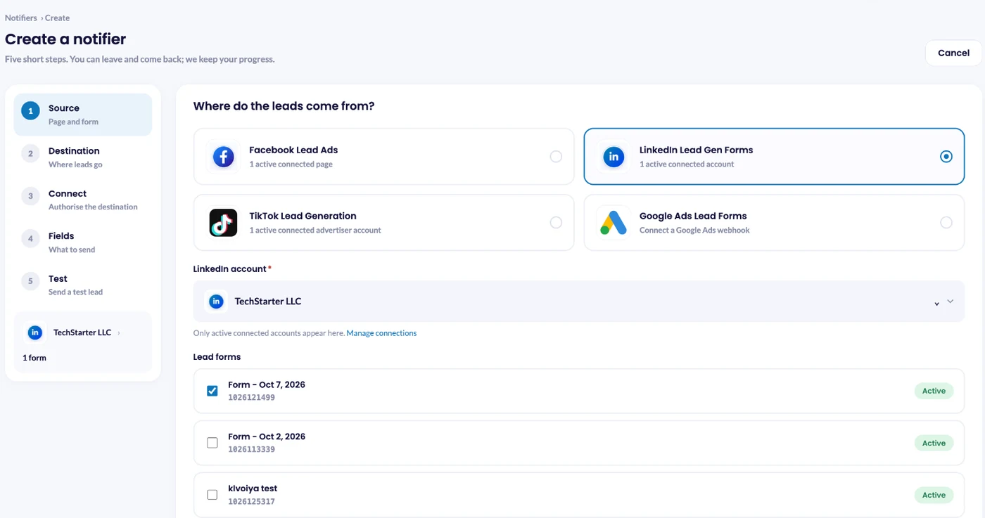 Create a notifier in LeadsNotify with LinkedIn Lead Gen Forms selected and a lead form chosen