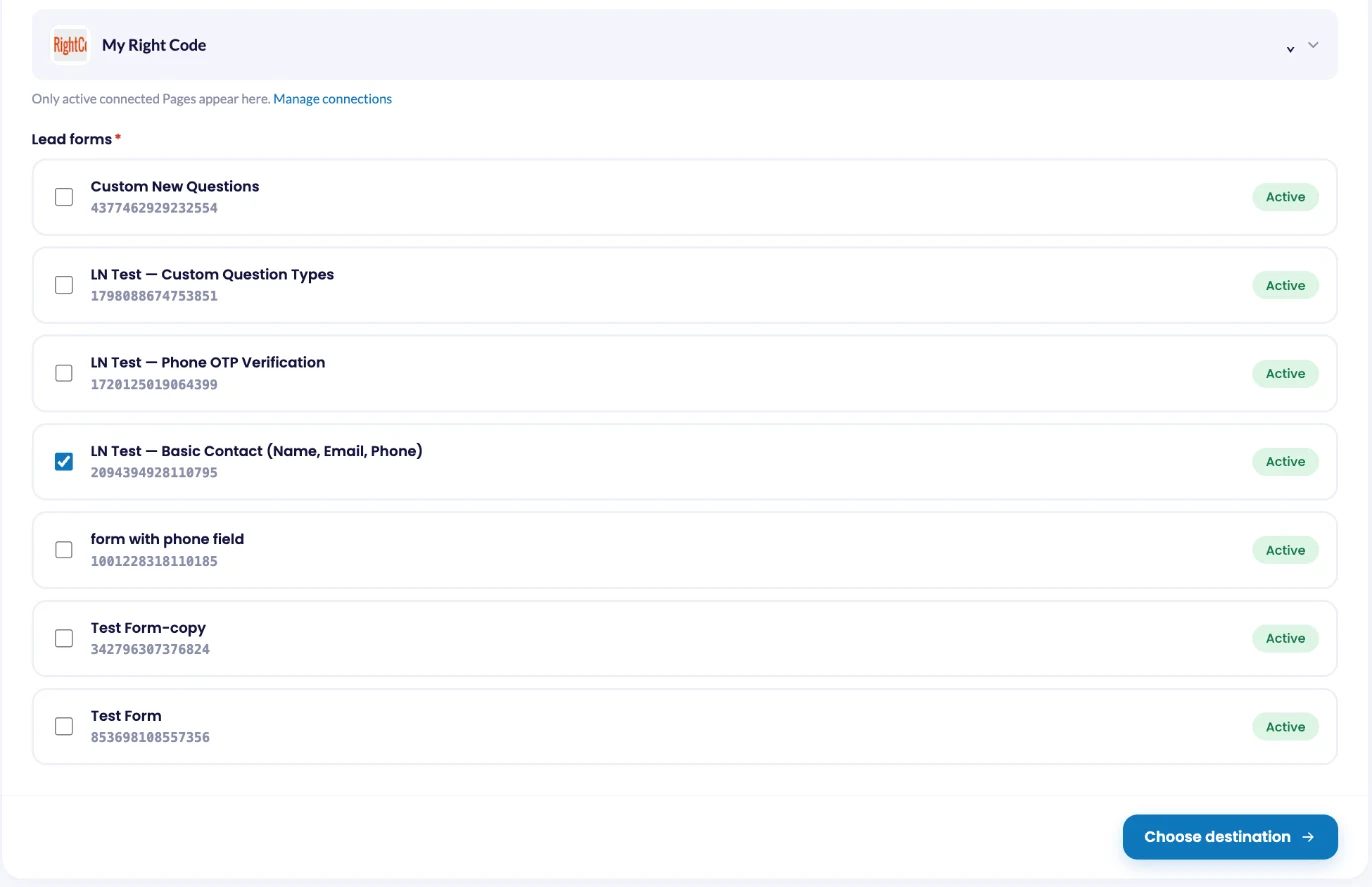 Choosing a Facebook Page and lead form in the LeadsNotify Source step
