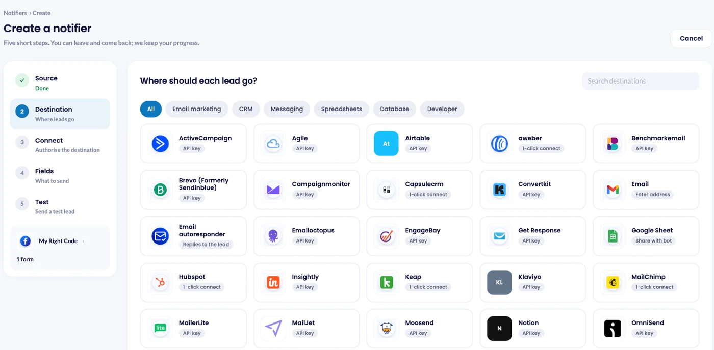 The LeadsNotify Destination step showing CRMs, email tools, Google Sheets and webhooks